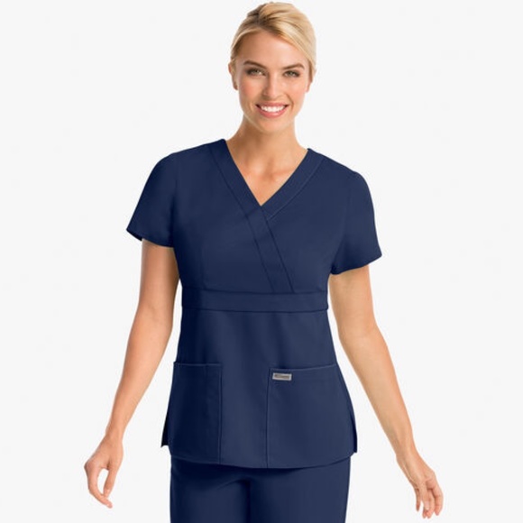 Grey's Anatomy Tops - Grey's Anatomy by Barco Blue 3-Pocket Modern Fit Mock Wrap Medical Scrub…